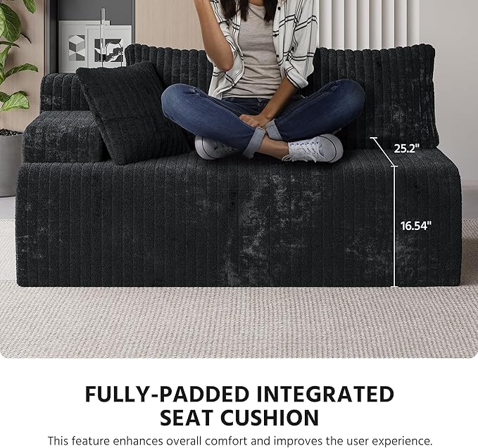 LAUSAINT HOME 96" Modular Sectional Sofa Couches, L-Shaped Boneless Cloud Sofa with 3 Deep Seat, 5 Cushiones Oversized Chaise for Living Room, Bedroom, Plush Corduroy Fabric (Left, Black)