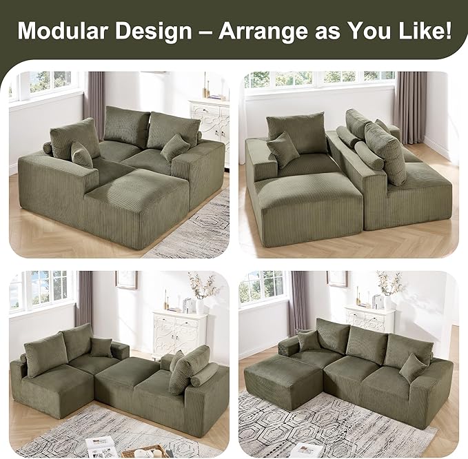 108" Modular Sectional Sofa, Compression Sofa with Deep Seat, Modular L-Shape Couch with Chaise, Upholstered Couches for Living Room Bedroom, No Assembly Required (Green Corduroy, 108" L Shape)