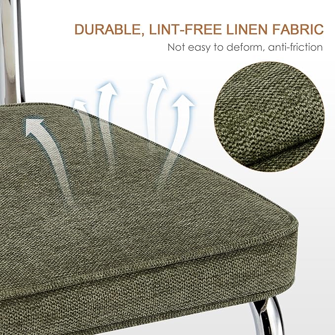Zesthouse Natural Rattan Dining Chairs Set of 2, Mid Century Modern Dining Chairs with Solid Wood Back & Chrome Base, for Kitchen Living Room, Breuer Design Inspired, Upholstered Linen Fabric, Green