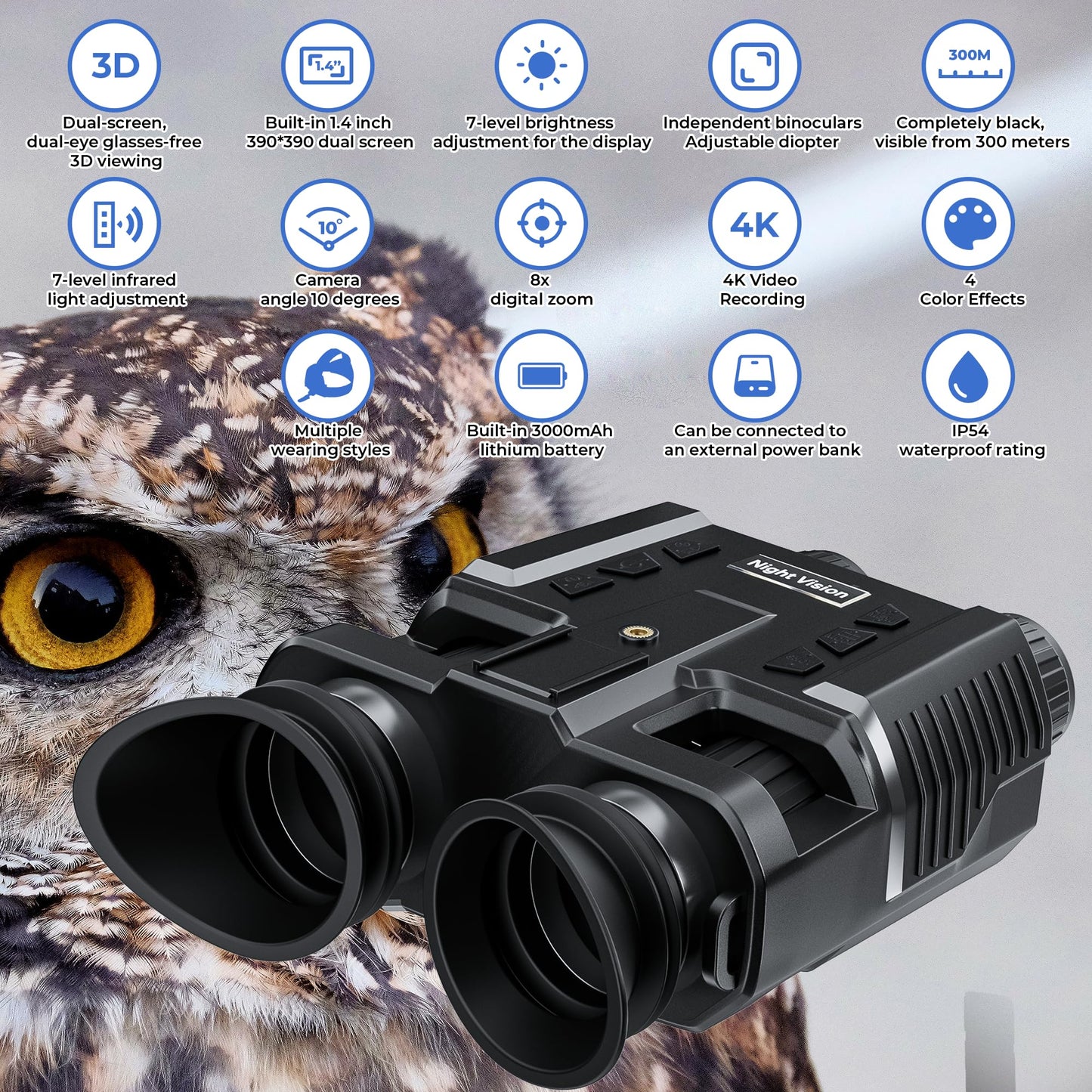 Night Vision Goggles，Qpingan 4K HD Infrared Tactical Night Vision Binoculars for Adults with Head Mounted Dual 1.4" Screen 8X Digital Zoom 3000mAh Battery 32G Card for Outdoor Activities Gifts for Men