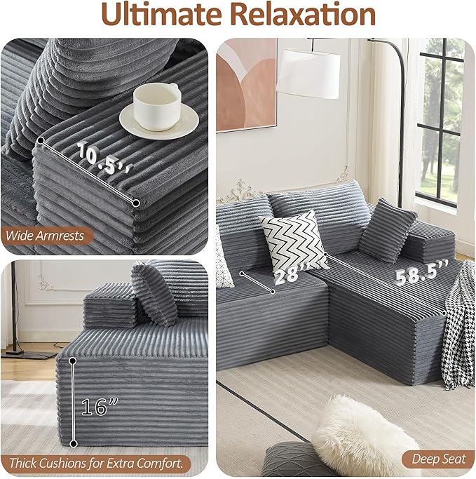 WUTUTUEE 110" Boneless Sectional Couch with Chaise Lounge, Cloud Couch Compressed Sofa L Shape, No Assembly Memory Foam Sofa for Living Room, Grey Corduroy