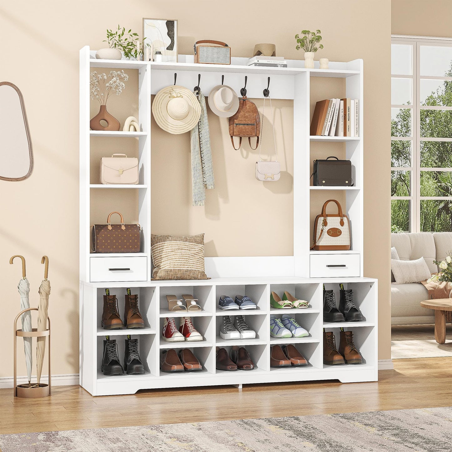 Nosepen 61.6" H White Hall Tree with Bench and Shoe Storage, 6-in-1 Multi-Functional Entryway Bench with 2 Drawers, 5 Coat Racks, Shoe Rack with 13 Shoe Cubbies, Entryway Storage Organizer, White