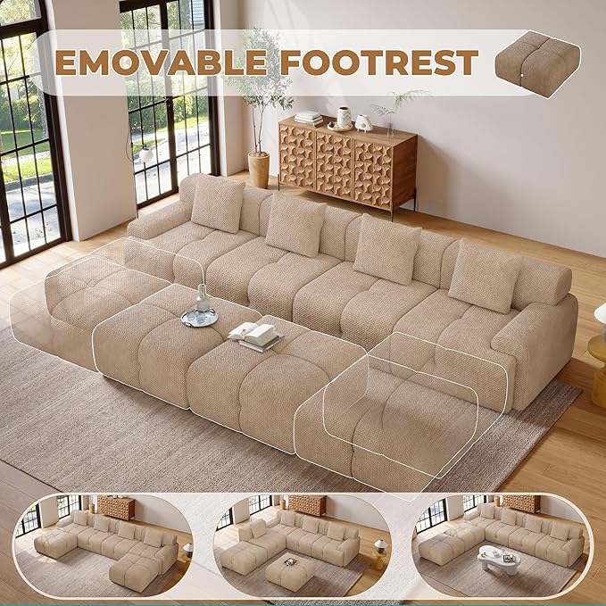 135" Modern L Shaped Modular Sectional Sofa, 6 Seater Convertible Chenille Cloud Couch Sofa Set, Boneless Couches for Living Room with Ottoman, No Assembly Required, Brown