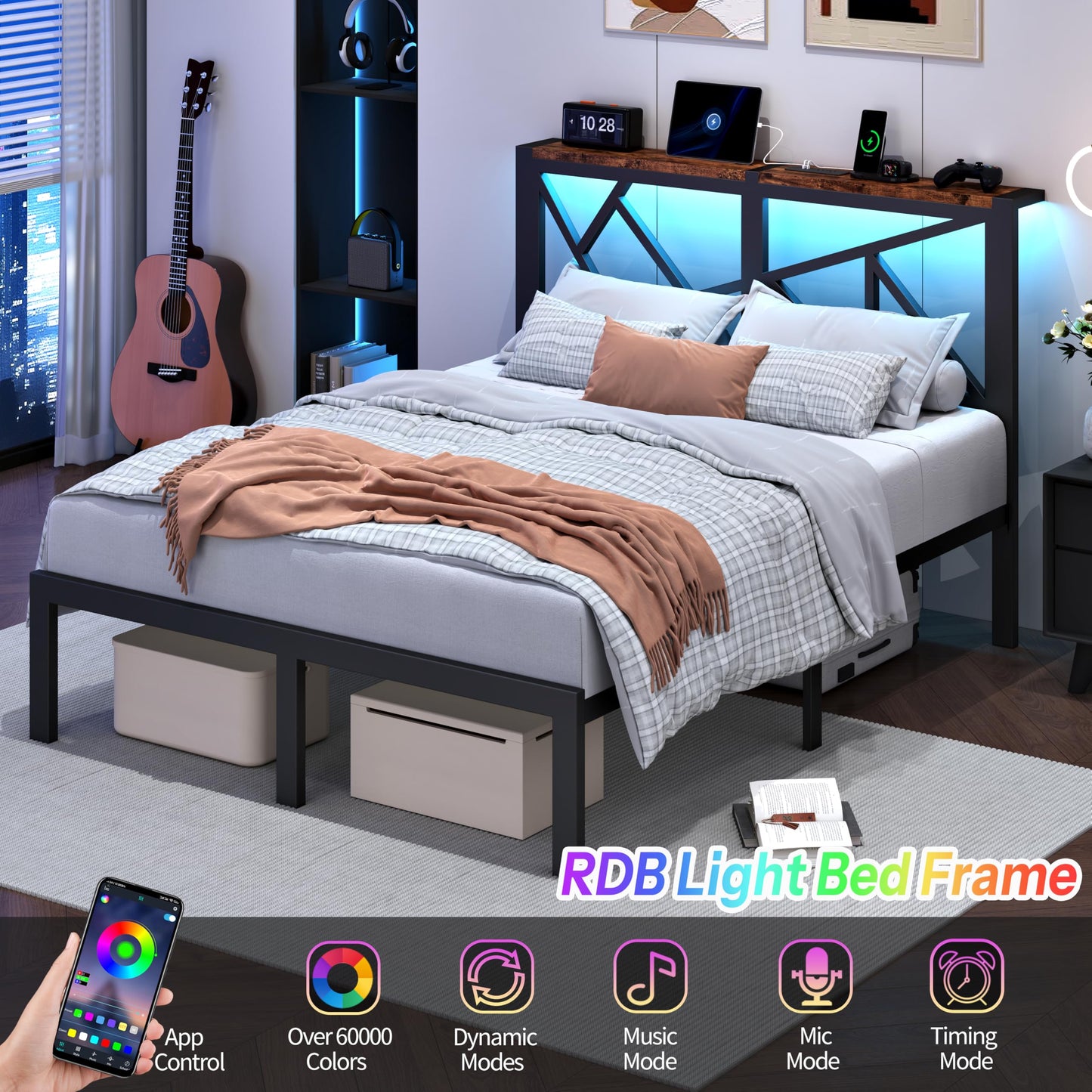 DynJest Queen Size Metal Bed Frame with LED Lights, Storage Headboard with Charging Station, Modern Queen Platform Bed with Heavy Duty Supports, No Box Spring Needed, Noise Free, Easy Assembly, Black