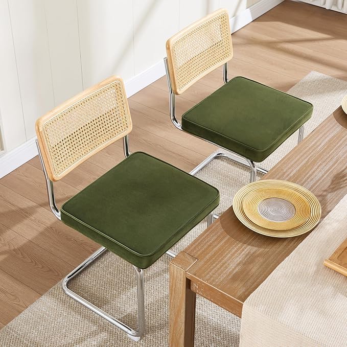 Zesthouse Mid Century Modern Dining Chairs Set of 4, Natural Rattan Dining Chairs with Solid Wood Back & Chrome Base, Upholstered Velvet Fabric, Green