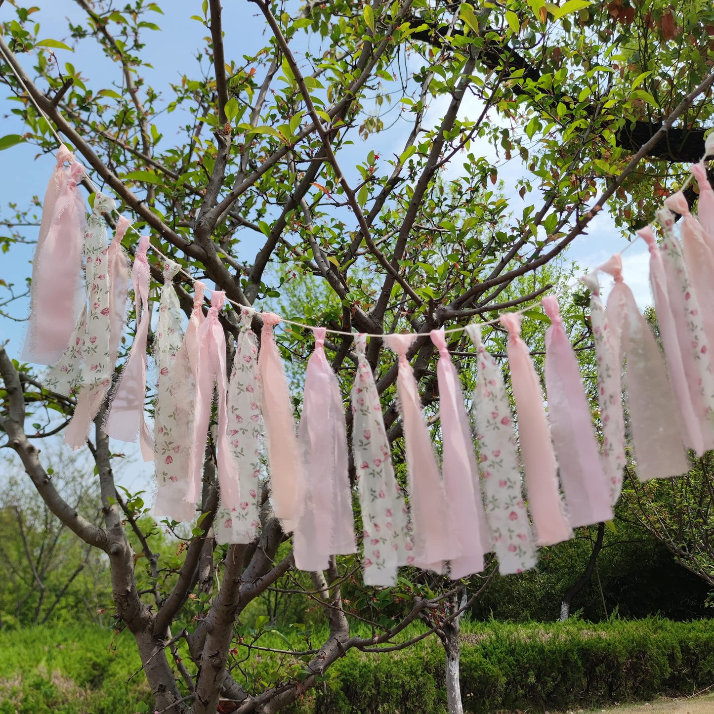 Mybbshower Pink Floral Tsaasel Garland for Wedding Spring Tea Party Haning Chiffon Tassel Banner Table Decor