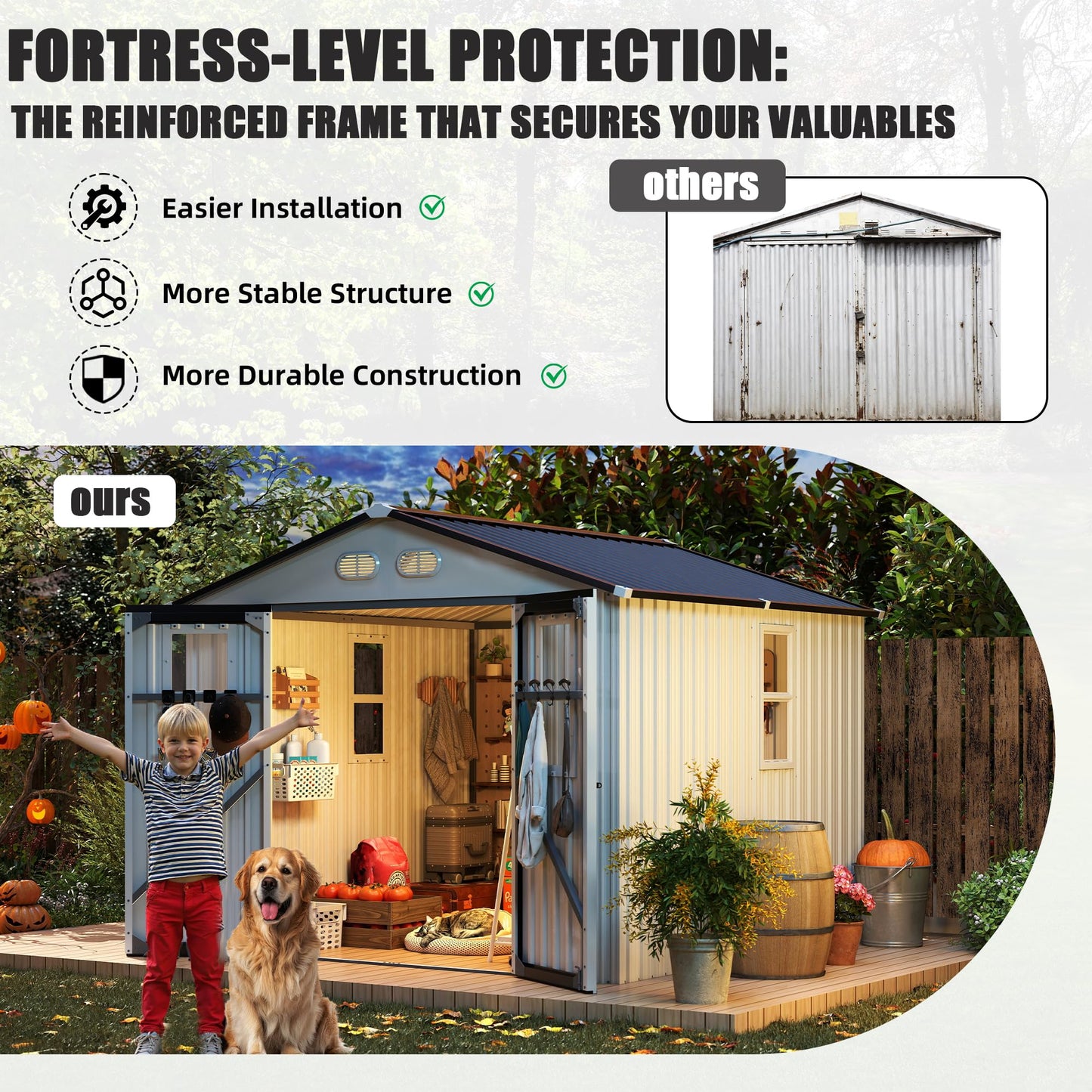 KEIKI 8x8 Outdoor Metal Storage Shed, Heavy-Duty Color Steel Construction with Protective Film, 4 Windows & Lockable Double Doors, Backyard Garden Utility Shed, White