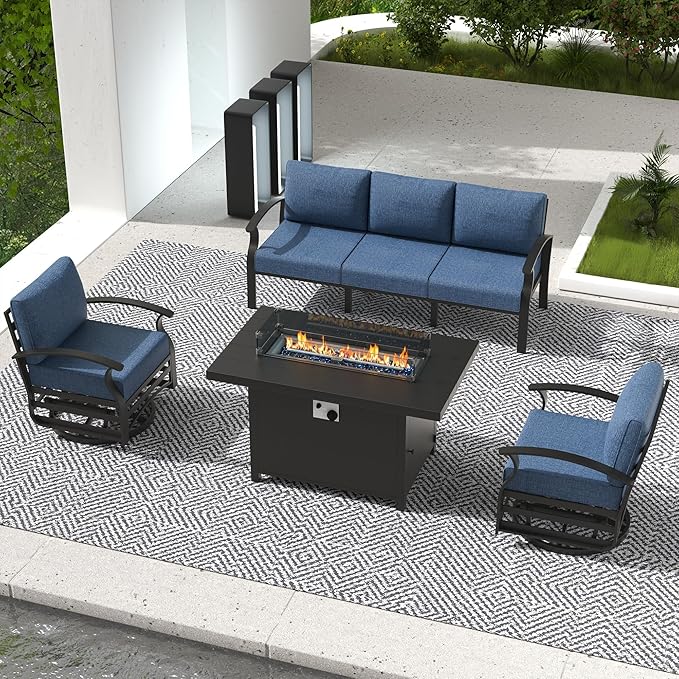 RTDTD Aluminum Outdoor Patio Furniture Set,4 Pieces 5 Seats Patio Conversation Sets with 45" Propane Fire Pit Table,Metal Patio Sectional Furniture Set with 2 Swivel Rocking Chairs,Navy Blue