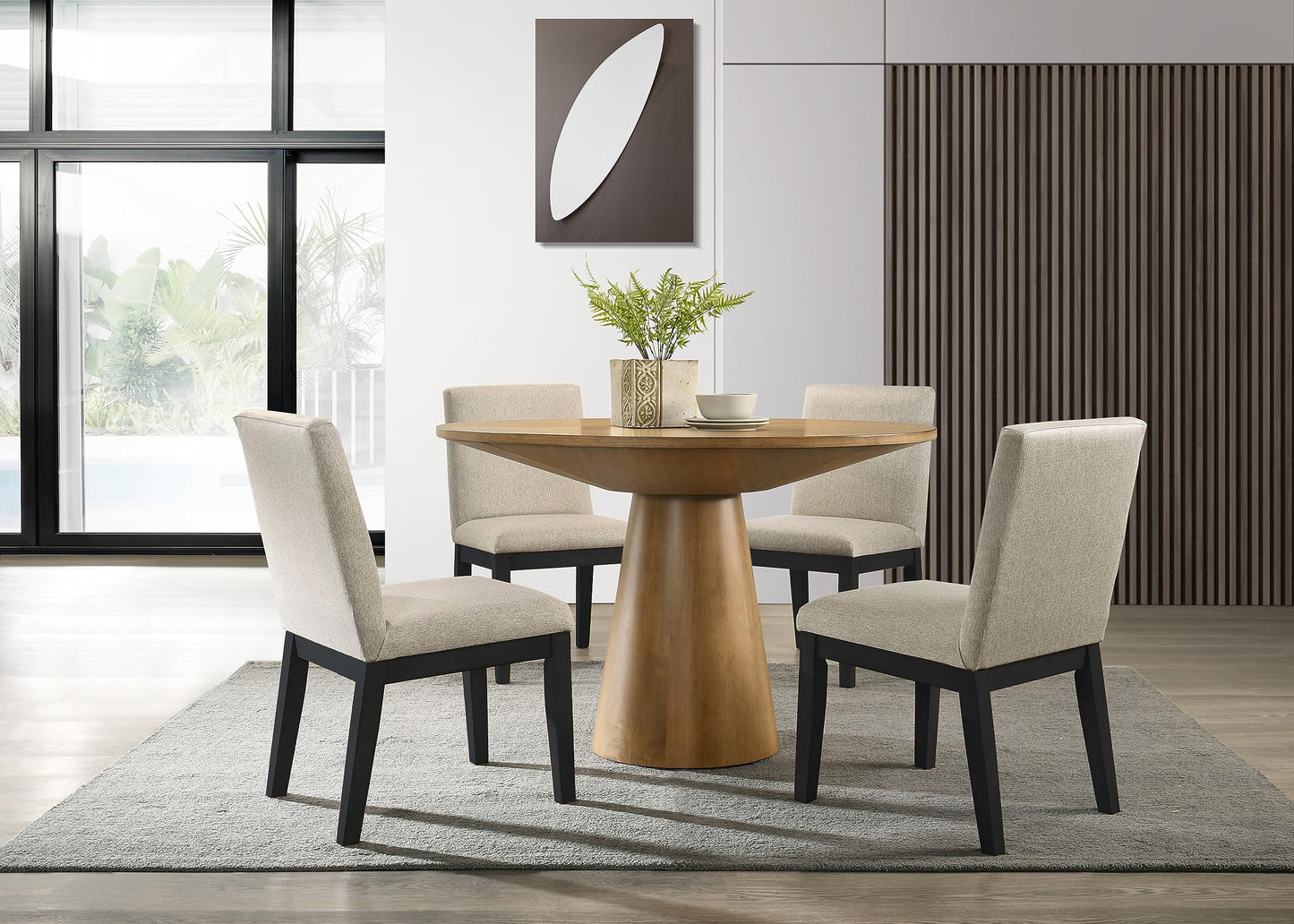 Lilola Living Jasper Driftwood Finish 5 Piece 47 Contemporary Round Dining Table Set With Pedestal Base And Black Finish Chairs