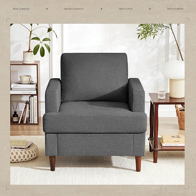 Weture Mid-Century Accent Chair,Modern Linen Fabric Armchair for Living Room,Comfy Upholstered Reading Accent Chairs for Bedroom,Single Sofa Chair with Wood Legs (Dark Grey, 2 Pack)