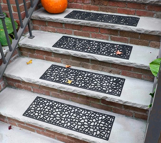 Set of 4 Rubber Stair Tread Mats 30 x 10 Inch Anti-Slip Outdoor Rug, Black – Web Pattern