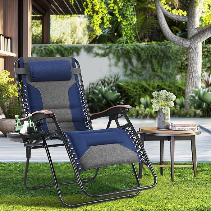 MAISON ARTS Oversized XXL Zero Gravity Chair, 30" Wide Seat Padded Foldable Recliner, Anti Gravity Outdoor Lawn Chair for Poolside/Backyard/Beach, Supports 400lbs, Blue & Grey