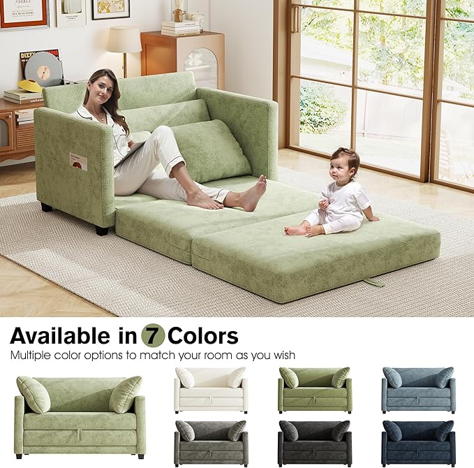 kakuboohi 51" Loveseat Sleeper Sofa Bed, Chenille Convertible Floor Sofa Bed for Small Spaces, Folding Couch Bed with Deep Seat, 2 Pillows & Solid Frame, Pull Out Couch for Living Room, Light Green