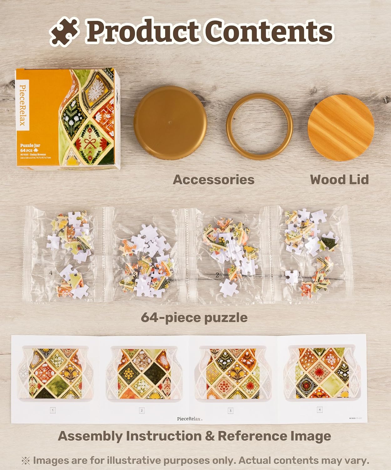 PieceRelax 3D Puzzle Jar 64 Plastic Pieces for Adults - Daisy Breeze Wooden Lid Container for Kitchen Dining Study Living Room No Glue Requied Small [BC1025]