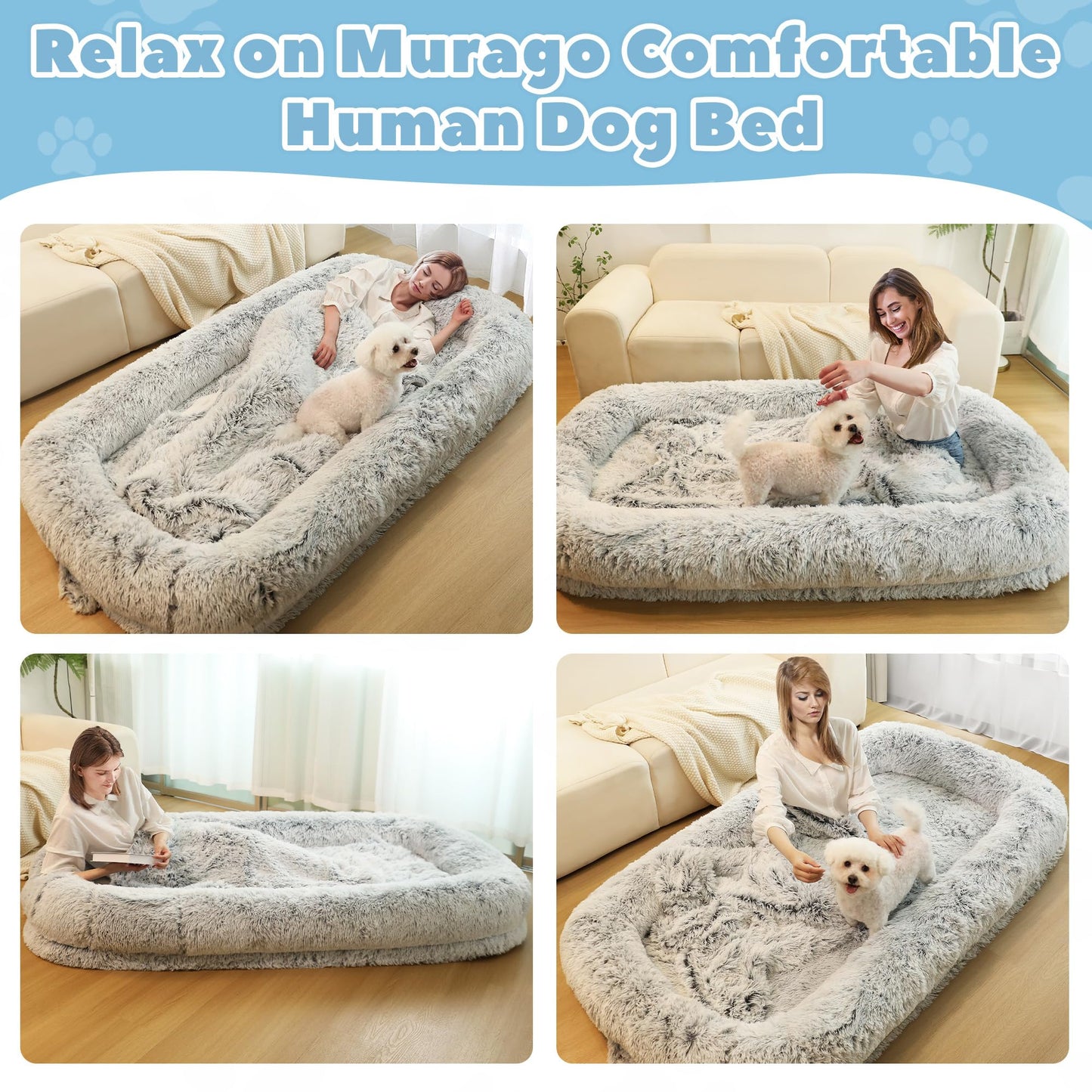 Murago Human Dog Bed for Adults, 46 x 10 x 76 Long Human Size Dog Bed, Removable Cover, Orthopedic Design, [Light Grey]