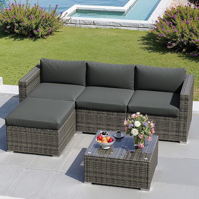 Green4ever 5-Piece Outdoor Patio Furniture Set, All-Weather Wicker Rattan Sectional Sofa with Cushions and Glass Coffee Table, Patio Conversation Set for Backyard, Porch, Garden, Balcony, Grey