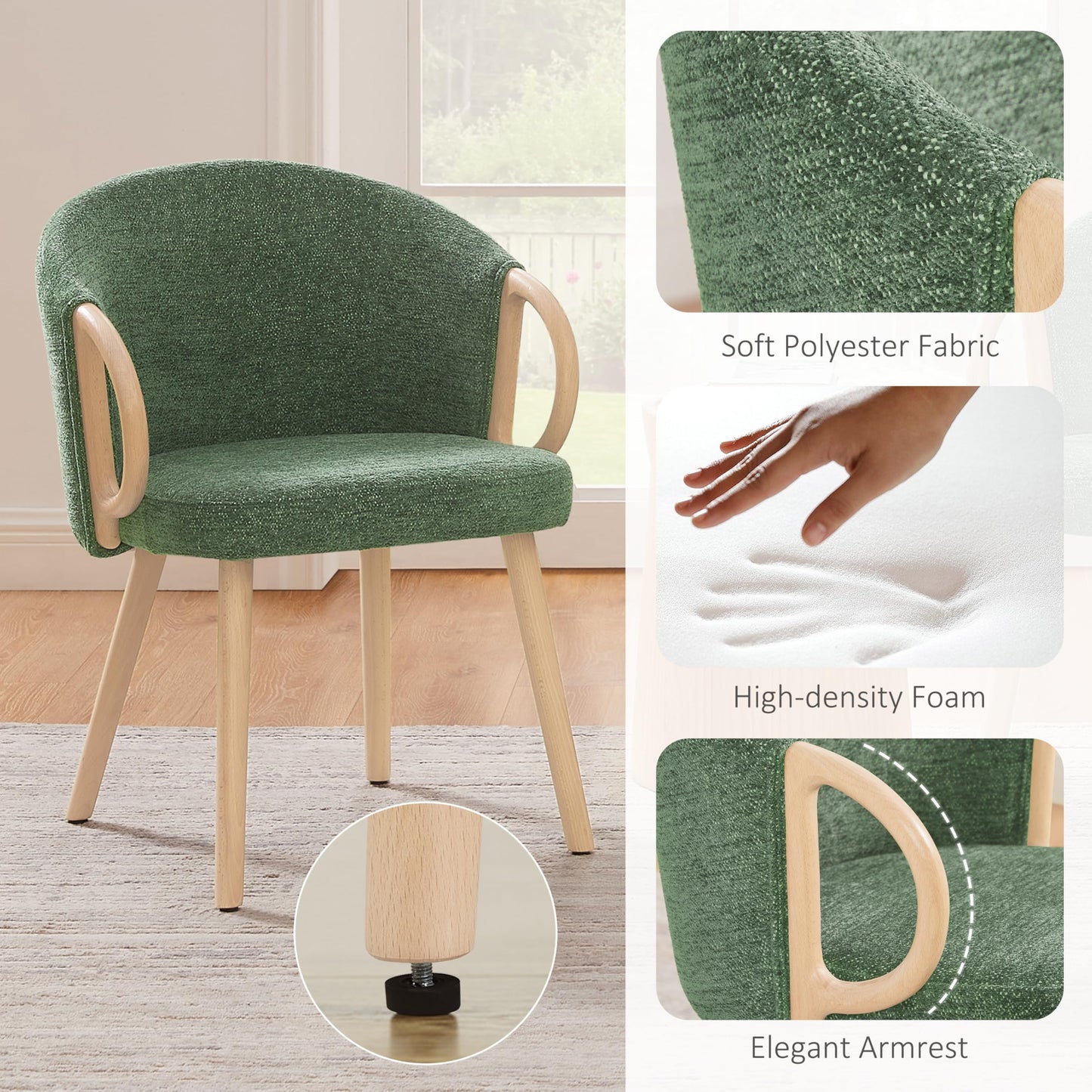 Art Leon Kitchen Chairs - Modern Fabric Dining Chairs, Upholstered Vanity Chairs Arm Chairs with Wood Legs for Living Room Bedroom, Set of 4, Green