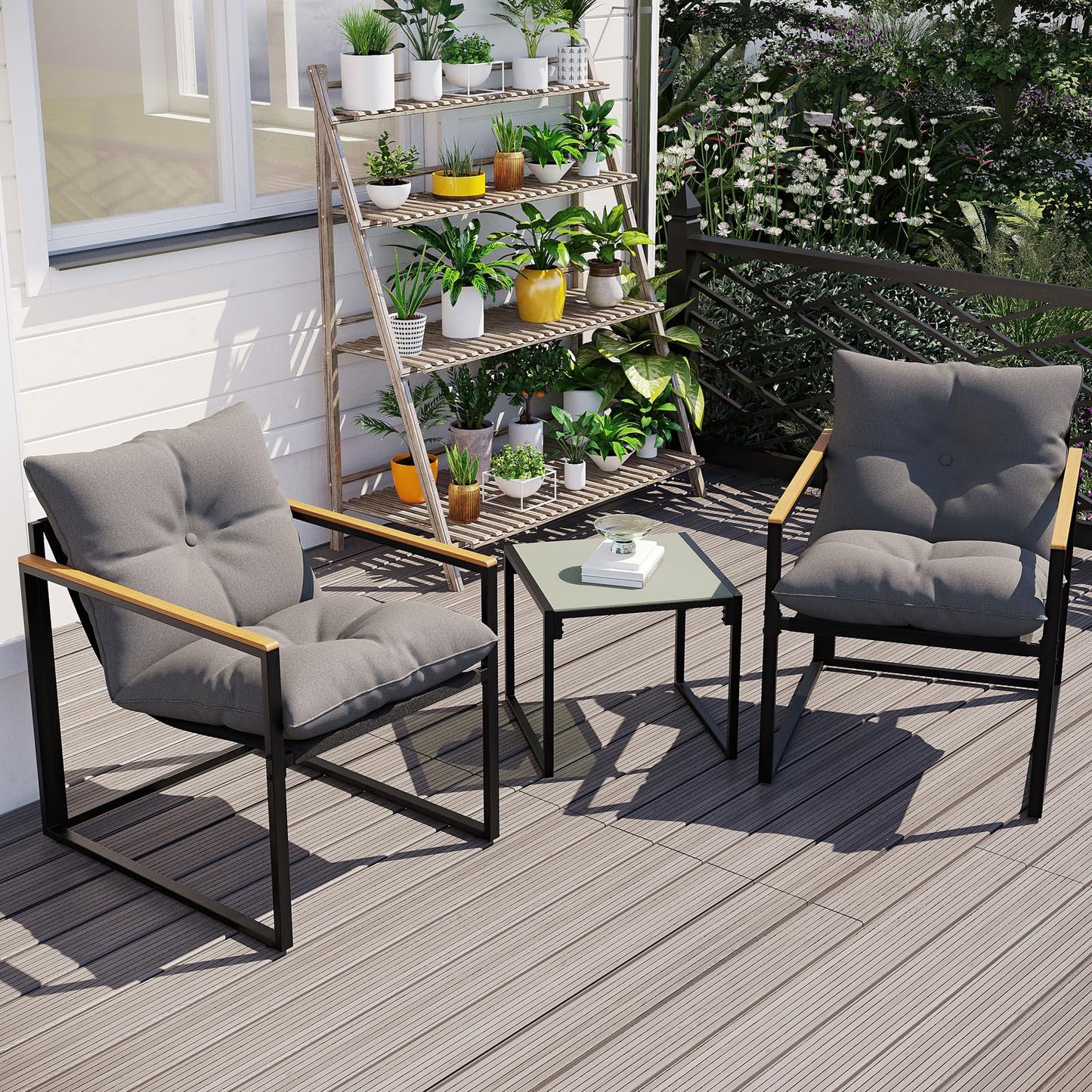 DIMOFAP 3 Piece Patio Furniture Set, Outdoor Porch Chairs Set of 2, Balcony Furniture for Apartment with Chairs & Table, Included Thick Comfy Cushions, Perfect for Porch, Balcony, Deck