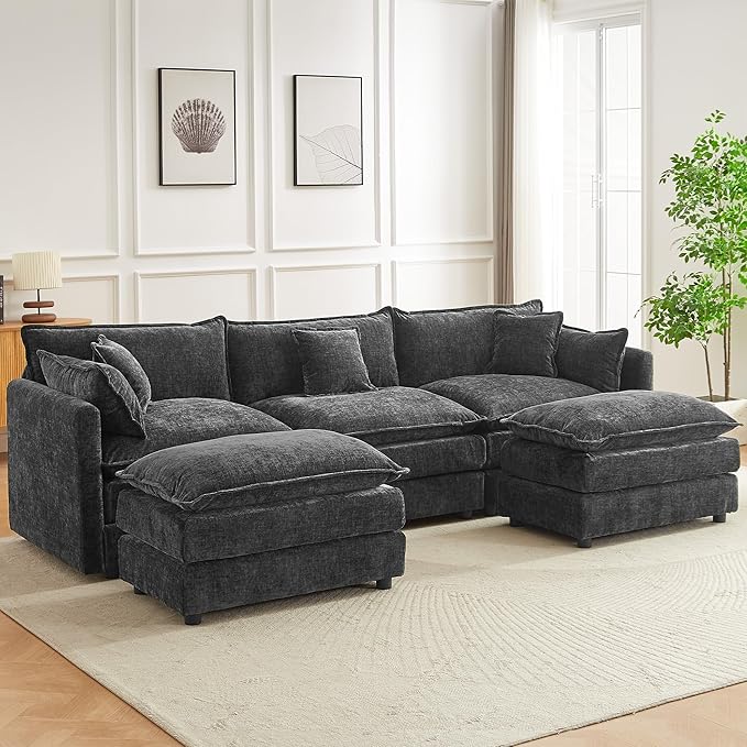 saows Modular Sectional Sofa, 112.2 Inch U Shaped Couch Set with Armrests, 3-Seater Comfy Cloud Couches with Movable Ottoman for Living Room Apartment, Grey