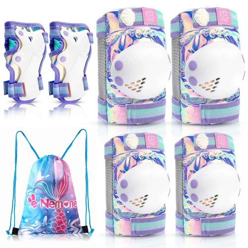 NEMONE Mermaid Inline Skates (Purple L) with Protective Gear Set Knee Elbow Wrist Guards Pads for Kids Girls (Size M)