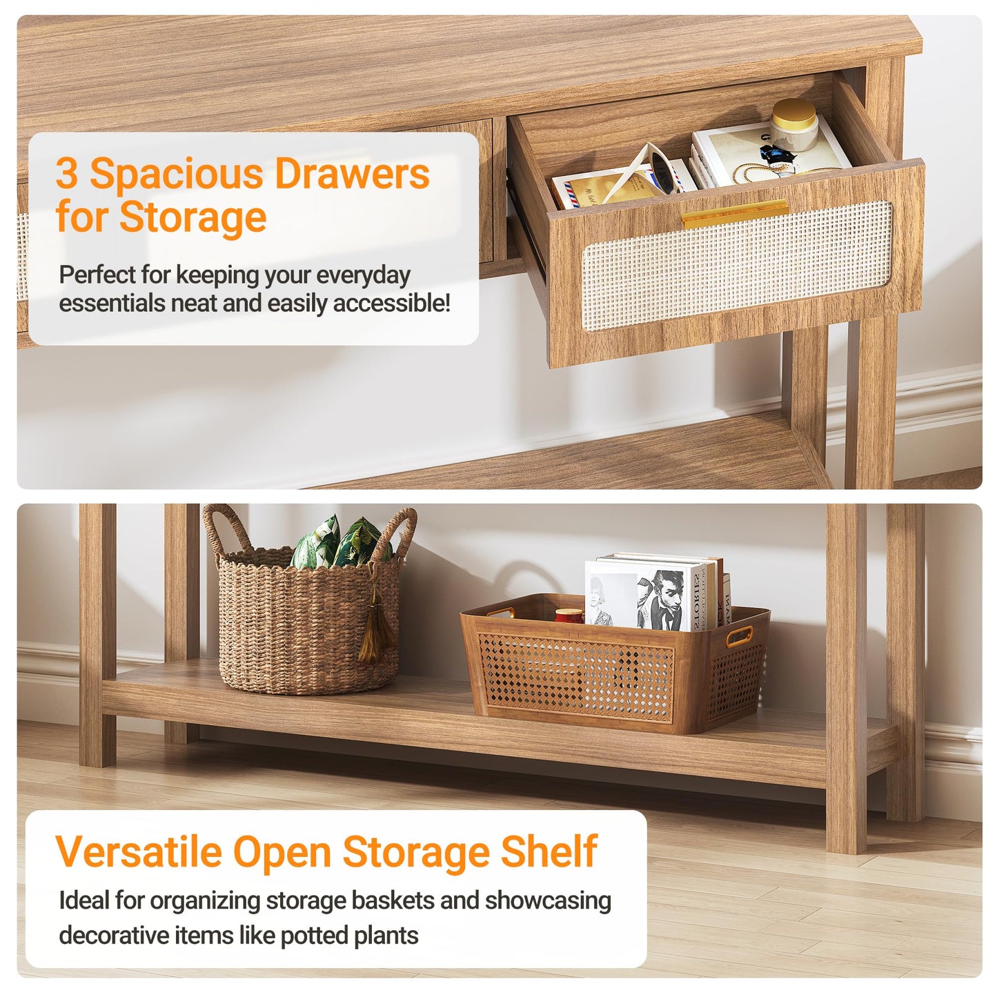 ELYKEN 51.2" Entryway Table with 3 Rattan Drawers, Boho Console Table Narrow with Storage, Long Sofa Table for Behind Couch Entry Hallway, Entrance, Living Room, Oak Brown
