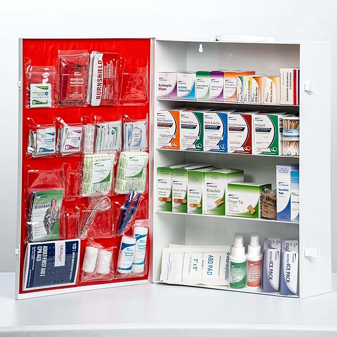UniShield 4-Shelf Metal 1st Aid Cabinet Class A, Large Capacity First Aid Wall Mount Medicine Cabinet, Secure Metal Med Bo...