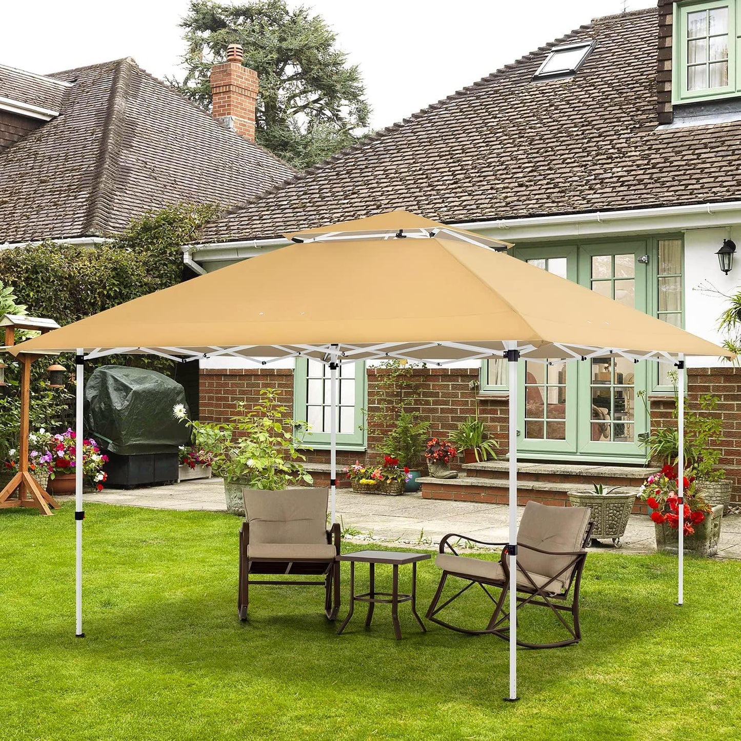 ECOTOUGE Pop Up Gazebo with Sidewalls Instant Shelter Canopy Tent with Carrying Roller Bag, Waterproof and UV Resistant for Garden, Grill and Backyard (Khaki Without Netting)
