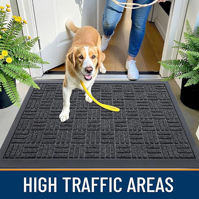 OLANLY Front Door Mat Outside Entrance 59x23, Absorbent, Heavy Duty Sturdy Natural Rubber Doormat Indoor Outdoor, Non-Slip, Stain and Fade Resistant, Low Profile Floor Mat for Entryway, Black Gray