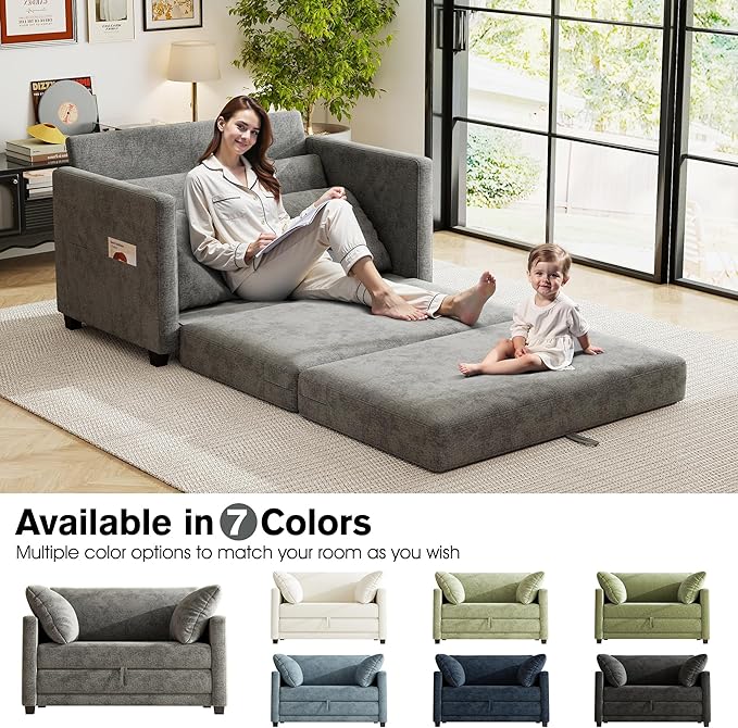 kakuboohi 51" Loveseat Sleeper Sofa Bed, Chenille Convertible Floor Sofa Bed for Small Spaces, Folding Couch Bed with Deep Seat, 2 Pillows & Solid Frame, Pull Out Floor Couch for Living Room, Grey
