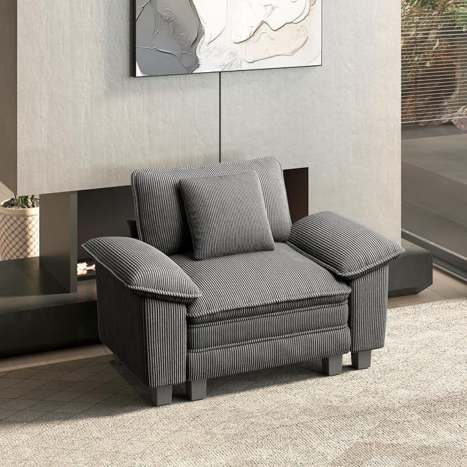 HERA'S HOUSE 54" Modular Sectional Sofa Couches for Living Room, Comfy Cloud Couch 1-Seater Deep Seat Sofa with Throw Pillow, Corduroy Grey