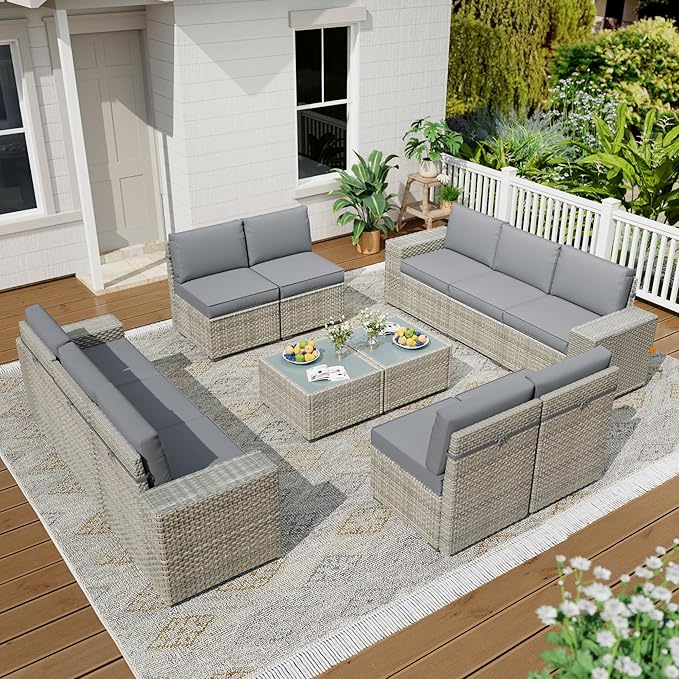 Broivira 12 Piece Patio Furniture Set, 9.8" Wide Arm Sectional Sofa with Storage Armrests, All-Weather Rattan Outdoor Conversation Set for Garden, Porch, Lawn, Backyard, Balcony, Grey