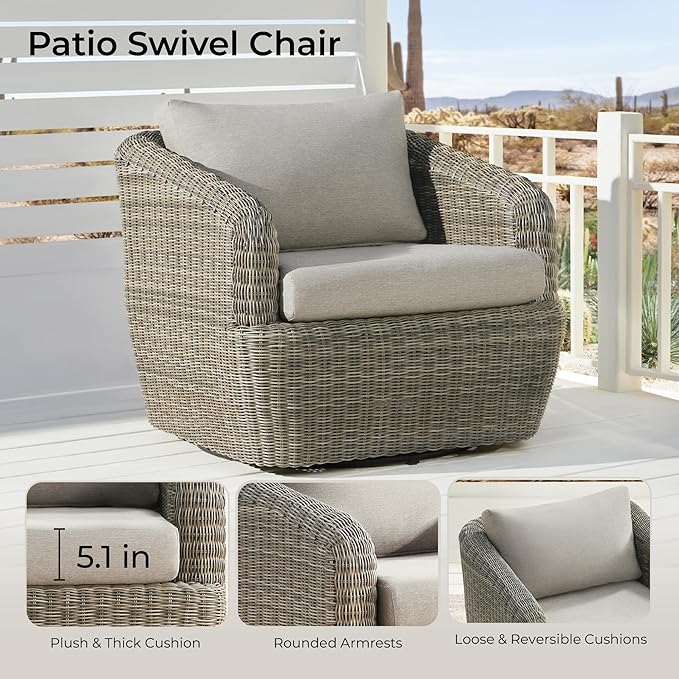 CHITA 2 Pieces Patio Wicker 360° Swivel Chairs with Removable Cushion, Backyard Rattan Chair for Sunrooms, Patios, Decks, Fully Assembled(Gray Cushions with Brownish Gray Wicker)