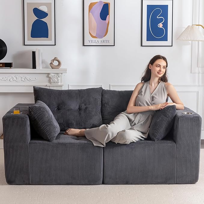 MAXYOYO Modular Sectional Sofa Couch, Loveseat Boneless Cloud Couch for Living Room, Sofa in A Box, Tufted Upholstered Cozy Chair with Cup Holders, No Assembly Required, Grey