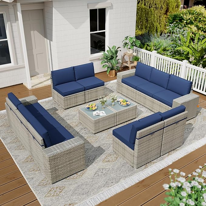 Broivira 12 Piece Patio Furniture Set, 9.8" Wide Arm Sectional Sofa with Storage Armrests, All-Weather Rattan Outdoor Conversation Set for Garden, Porch, Lawn, Backyard, Balcony, Blue