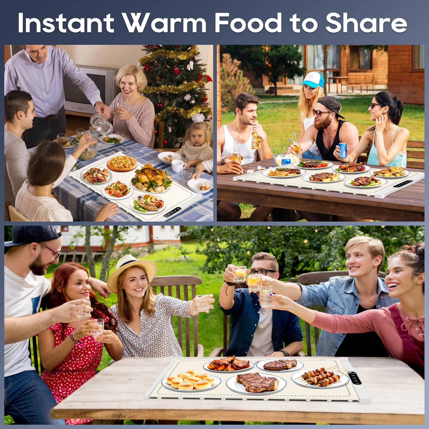 VIPDIGI Food Warming Mat, Large Electric Warming Tray, Silicone Fast Heating Warmer Pad, 6 Temp Adjustable, 6 Timer & Safety Lock, Auto Shut-Off for Countertops Buffets Party White