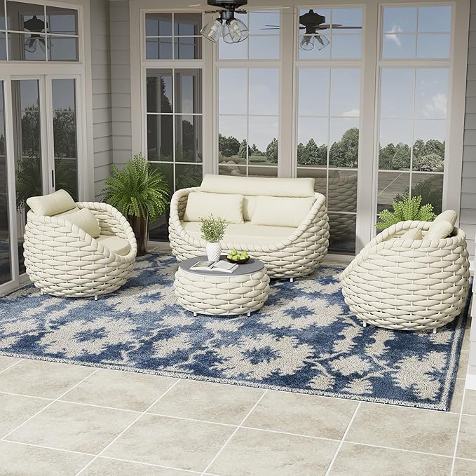 Erotr Metal Backyard Furniture Set: Aluminum Assembled Front Porch 4 Pieces Outdoor Set - Woven Rope Patio Conversation Set Modern - Cushioned Deck Couch Set Garden Sunroom Pool Hotel Resort, Beige