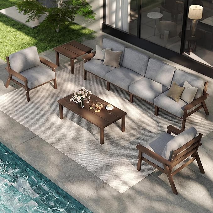Patio Kingdom 7 Piece Patio Furniture Set, HDPE Outdoor Sectional with Gray Washable Thick Cushions, Coffee Table & Side Table, Patio Conversation Sets for Lawn, Garden, Porch, Balcony (Brown Frame)