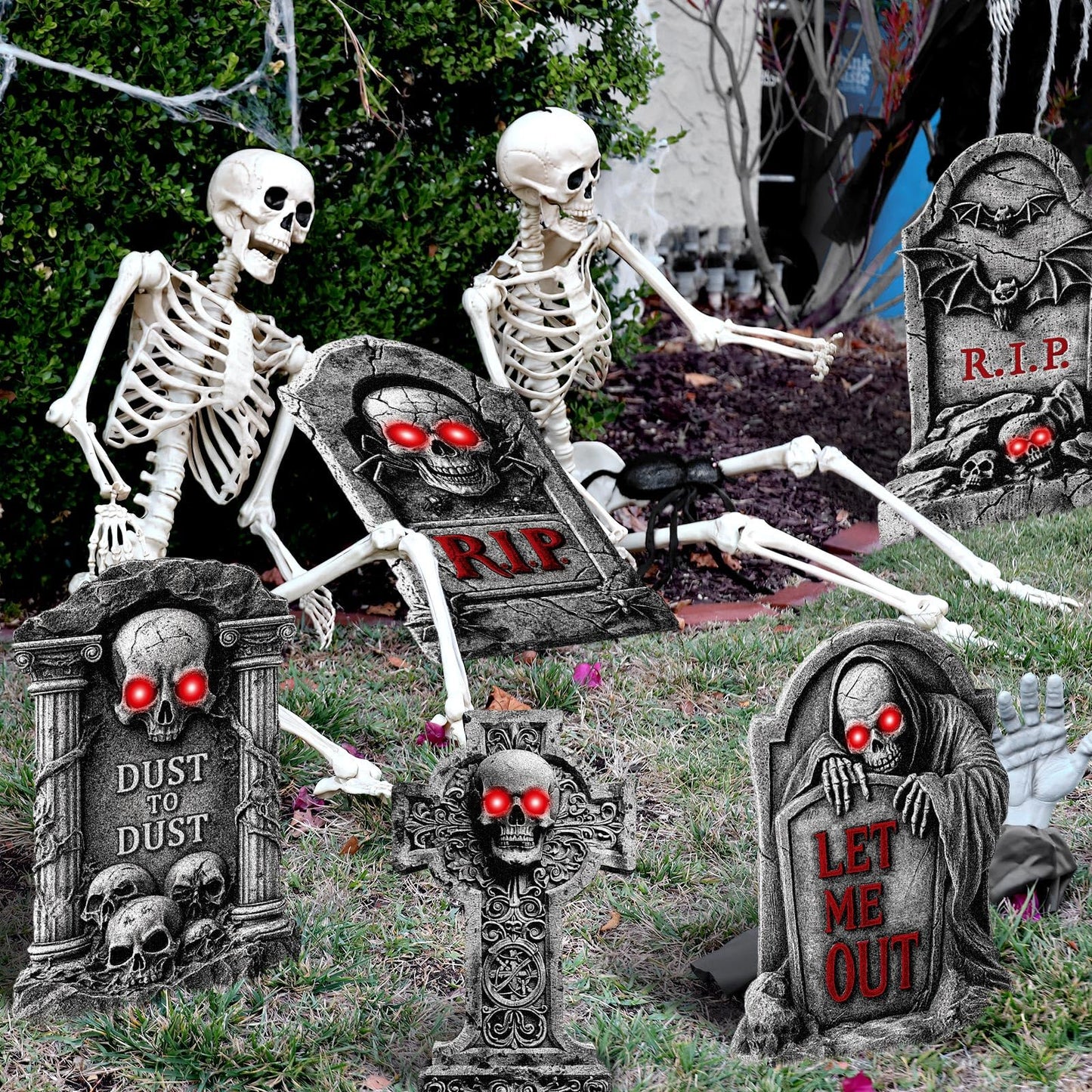 Memorywuu 8 Pcs 16" Halloween Tombstones Outdoor Decorations Gravestone Headstone Yard Signs with Stakes LED Eyes Scary Skeleton RIP Graveyard Cemetery Decor for Halloween Home Party Lawn Garden