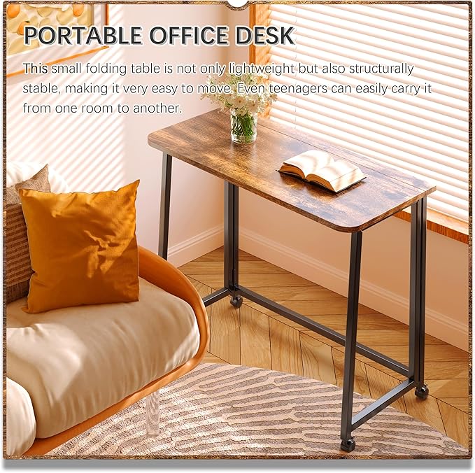 4NM 31.5" Mobile Small Folding Desk, Foldable Rolling Computer Home Office Desk, Study Writing Table for Small Space Saving Bedroom, with Wheels - Rustic Brown and Black