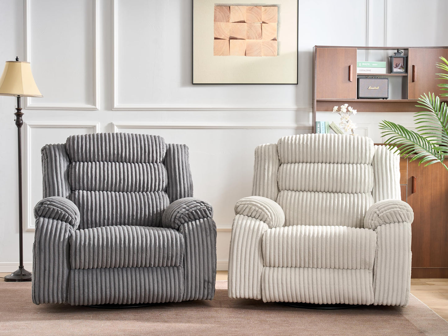 ERYE Power Reclining Chair 270° Swivel Rocker Chair W/Vibration Heat and USB-C Ports,Power Control Recliner Armchair Corduroy Upholstered Nursery Armchair for Living Room Bedroom