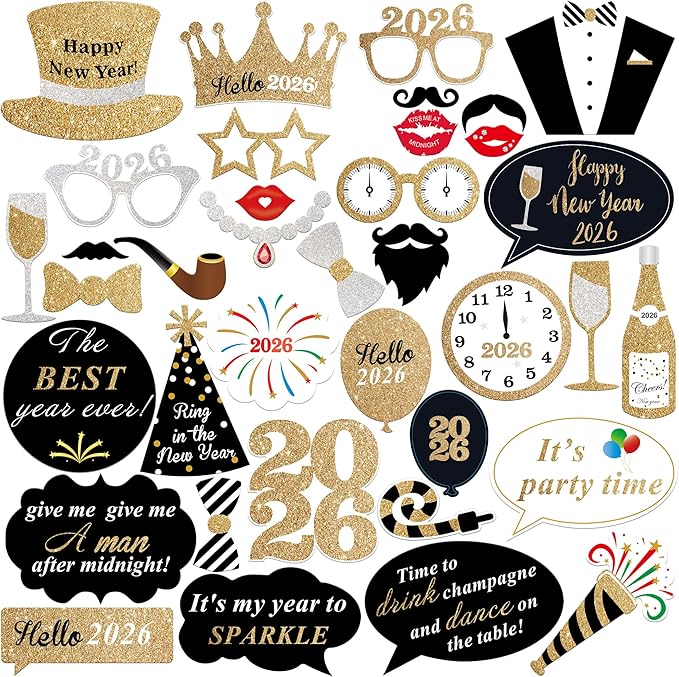 Katchon, Glitter New Years Photo Booth Props - Pack of 35 | NYE Photo Booth Props for New Years Eve Party Supplies 2026 | ...