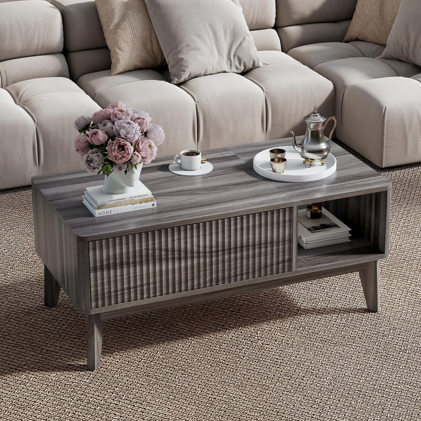 LYNCOHOME Fluted Lift Top Coffee Table with Storage,Modern Center Table for Living Room, Home Office（Grey）
