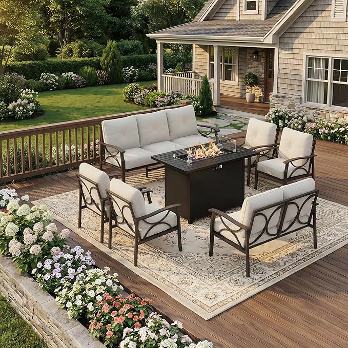 FansaFurn 7-Pieces Outdoor Patio Furniture Set with 43" Fire Pit Table, Metal Outdoor Sectional Furniture with Cushions, Outdoor Conversation Set for Garden, Balcony, Deck, Backyard, Khaki