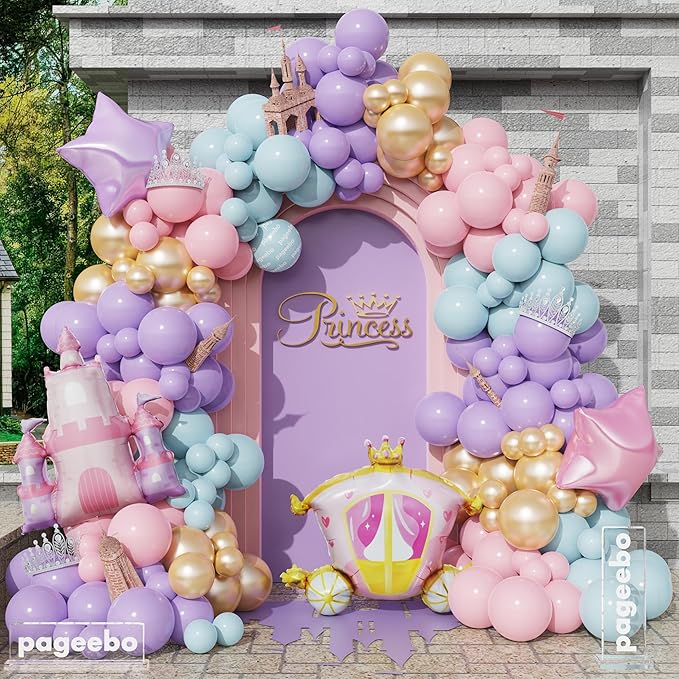 PageebO Princess Balloon Garland Arch, 154Pcs Pastel Blue Pink Purple Gold Balloons with Castle Carriage Star Foil Balloon...