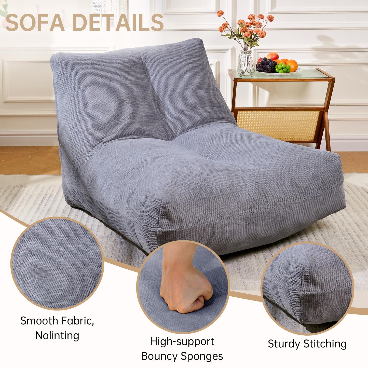 Stmoze Bean Bag Chairs for Adults, Memory Foam Bean Bag Chair, Spacious Single Sofa, Ergonomic Support Reading Floor Sofa Chair with Filler, Comfy Cozy Beanbag Couch for Bedroom Living Room (Grey)