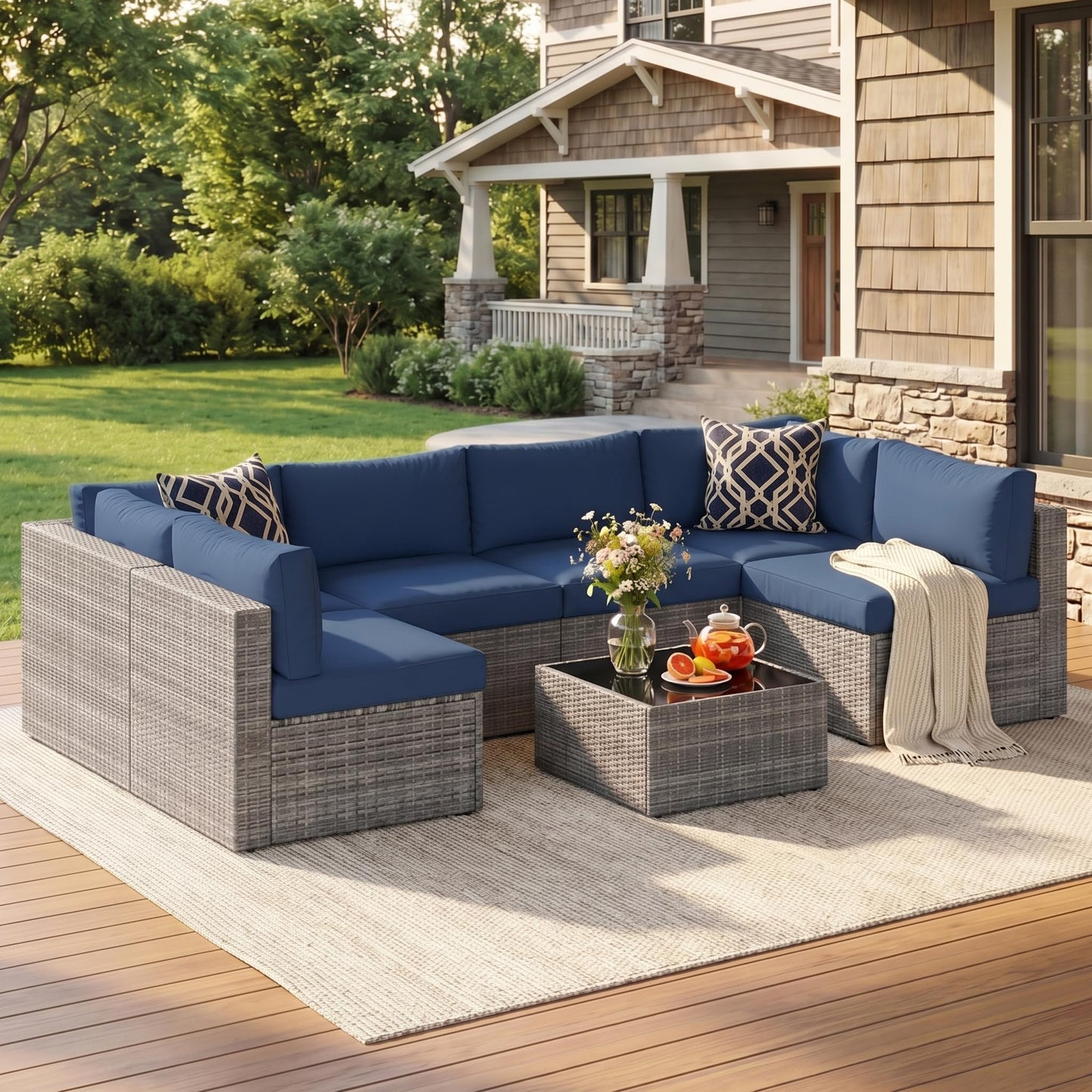 May in Color 7 Pieces Wicker Outdoor Patio Furniture Set, Patio Sectional Sofa with Coffee Table, All-Weather Outdoor Sectional Furniture for Garden Backyard, Navy Blue
