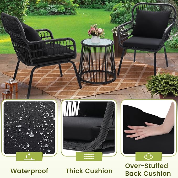 wildformers 3 Pieces Rattan Wicker Bistro Set, Outdoor Conversation Set, Wicker Furniture Set with Glass Top Table, Space Saving for Balcony, Backyard, Black
