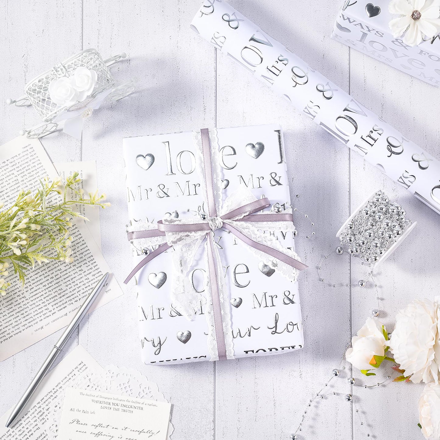 RUSPEPA 30“ x 16.4’ Wedding Wrapping Paper Large Roll, Jumbo Roll, White Gift Paper with Love & Mr & Mrs Design, Romantic Gift Wrap for Wedding, Bridal Shower, Anniversary, Engagement 41 total sq ft.