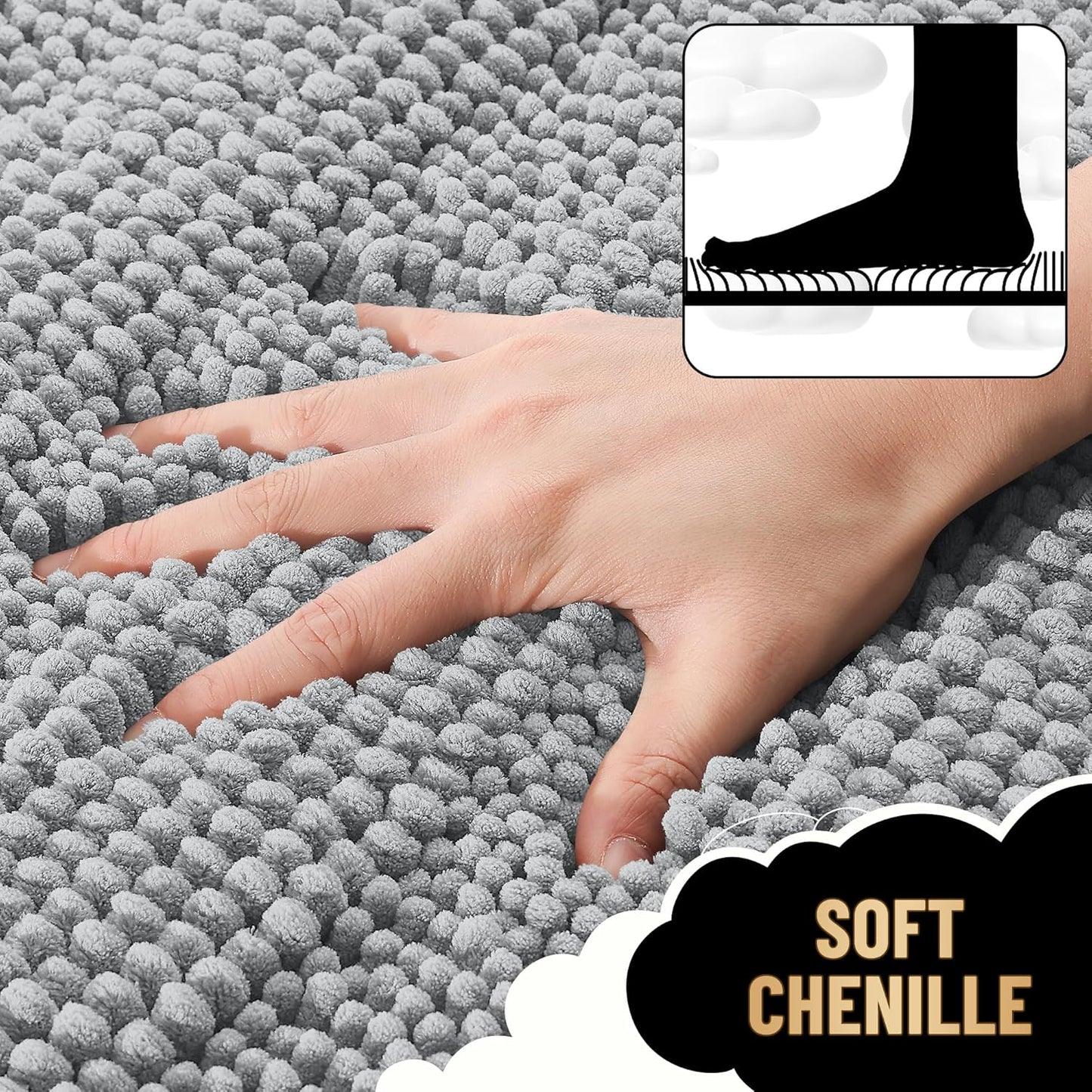 OLANLY Thick Bathroom Rugs 24x16, Extra Soft Absorbent Chenille Striped Bath Rugs, Rubber Backing, Machine Wash Dry, Bath Mats for Bathroom Floor, Tub and Shower, Home Decor Accessories, Light Grey