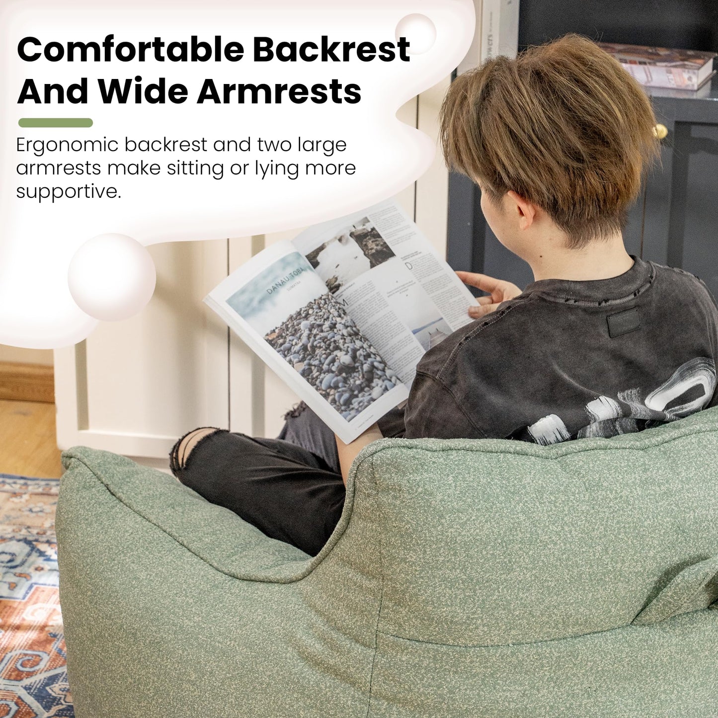 Cvortll Bean Bag Chair for Adults, Comfy Tufted Bean Bag Chair Sofa with Armrests, Lazy Beanbag Chair with Foam Filler Stuffed Bean Bag Couch Sofa for Reading in Bedroom, Living Room and Dorms